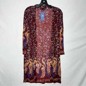 HIGNESS Peacock Print Kimono Cardigan 1X Boho Duster Open Front Maroon Blue Plus